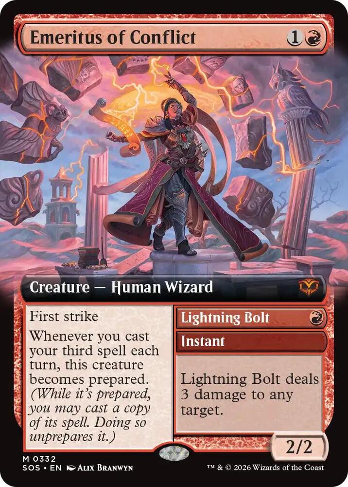 Emeritus of Conflict // Lightning Bolt 332 (Secrets of Strixhaven)  - Extended Art Foil | Good Games North