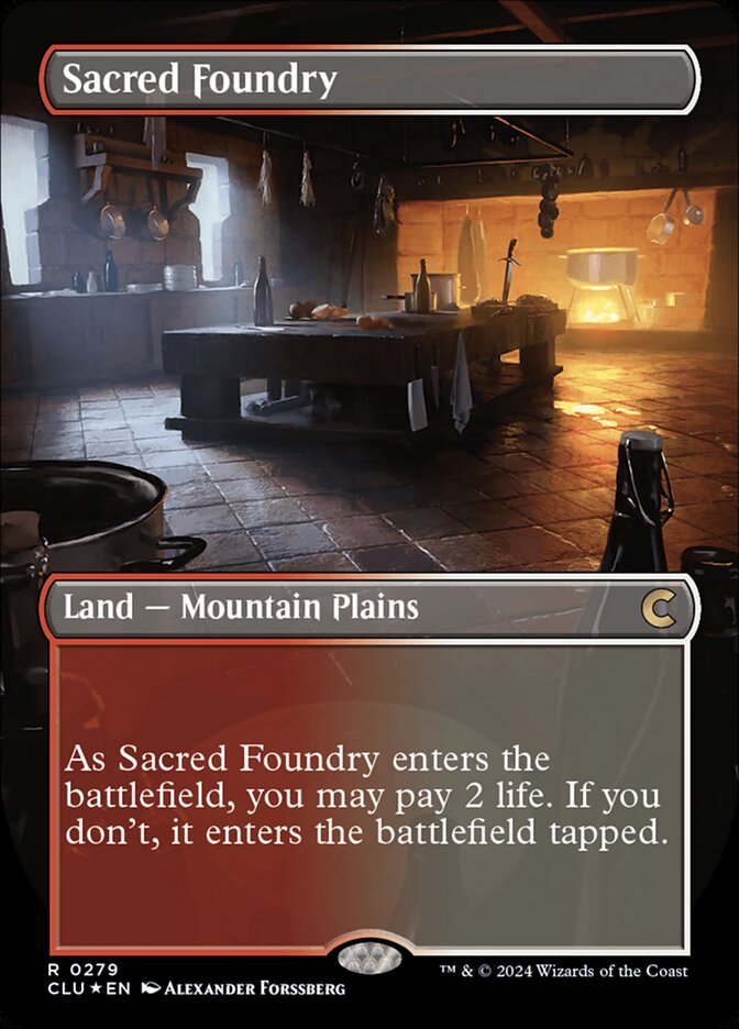 Sacred Foundry 279/284 (Ravnica: Clue Edition)  - Borderless Foil | Good Games North