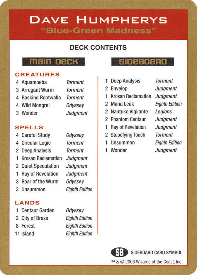 Dave Humpherys Decklist [World Championship Decks 2003] | Good Games North