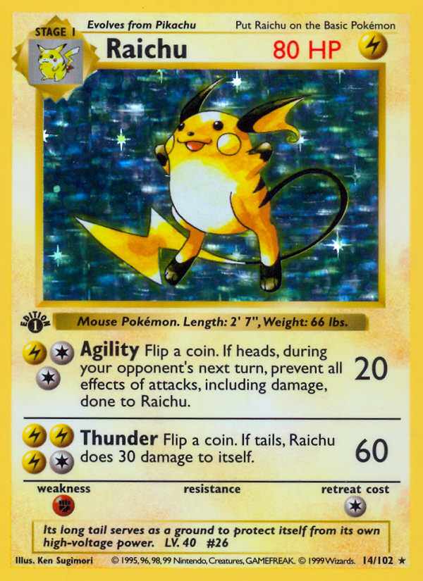 Raichu (14/102) (Shadowless) [Base Set 1st Edition] | Good Games North