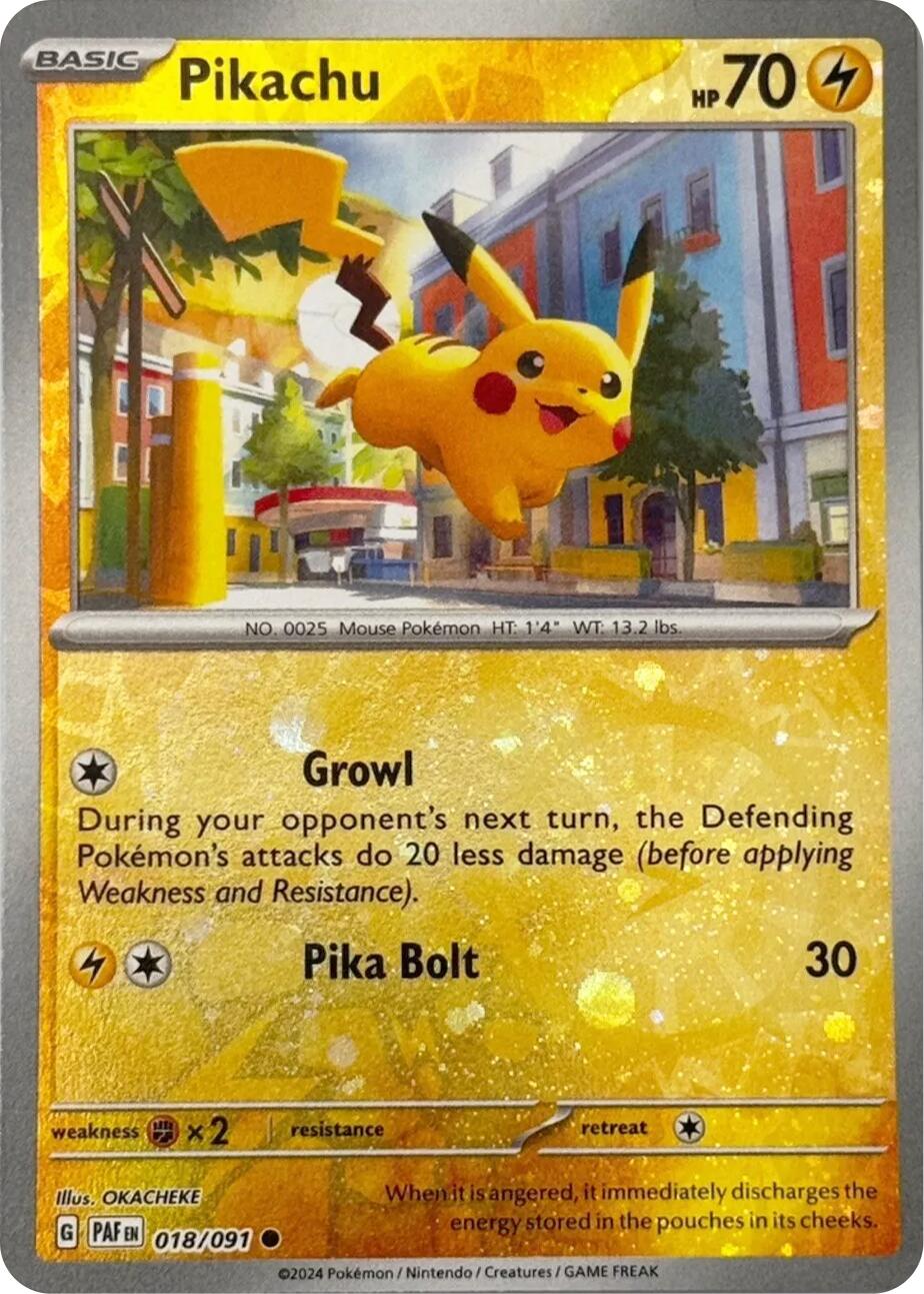 Pikachu (018/091) (Reverse Cosmos Holo) [Scarlet & Violet: Paldean Fates] | Good Games North