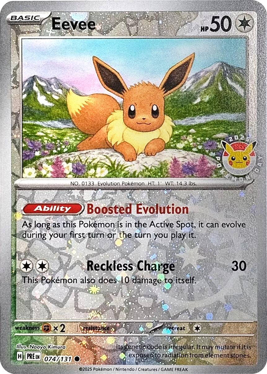 Eevee (074/131) (Pokemon Day 2025) (Reverse Cosmos Holo) [Scarlet & Violet: Prismatic Evolutions] | Good Games North