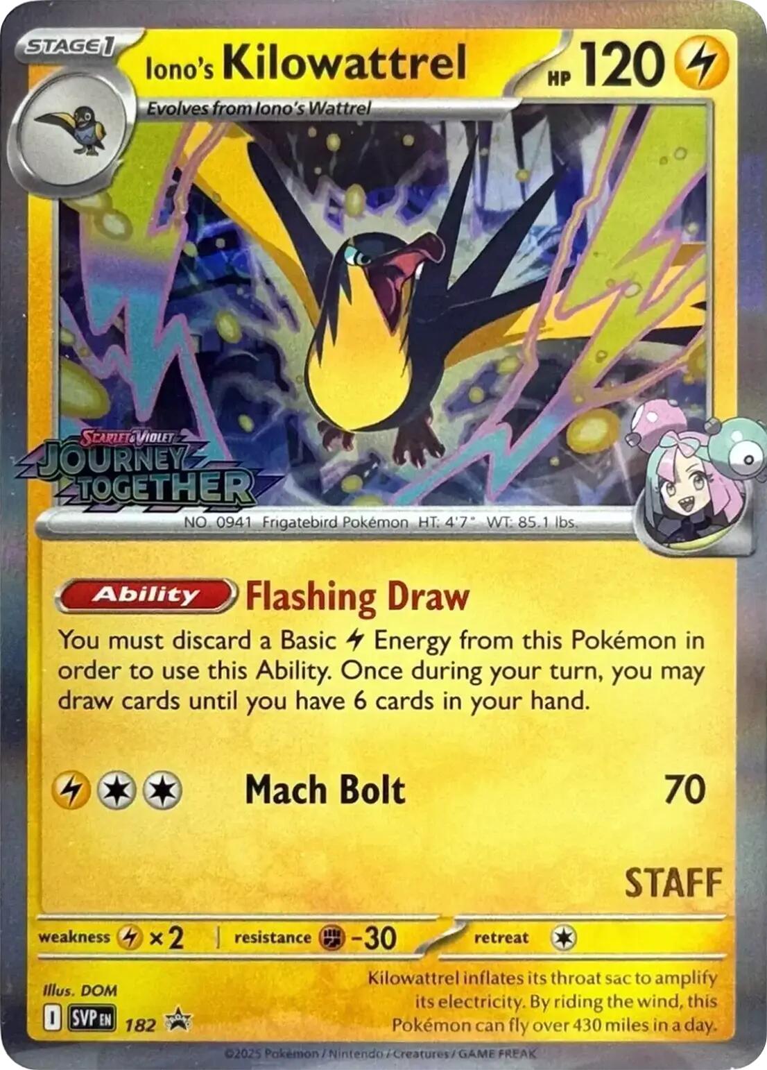 Iono's Kilowattrel (182) (Prerelease Staff) [Scarlet & Violet: Black Star Promos] | Good Games North