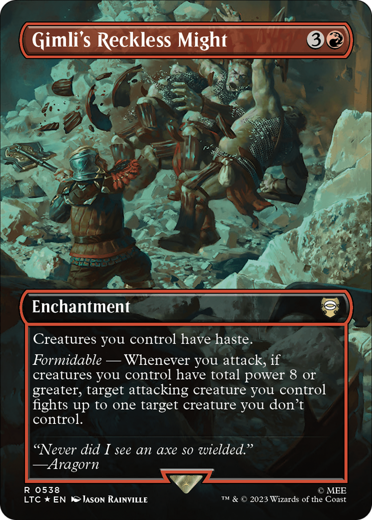 Gimli's Reckless Might (Borderless) (Surge Foil) [The Lord of the Rings: Tales of Middle-Earth Commander] | Good Games North