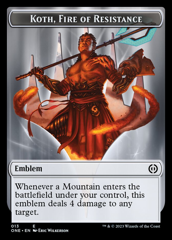 Rebel // Koth, Fire of Resistance Emblem Double-Sided Token [Phyrexia: All Will Be One Tokens] | Good Games North