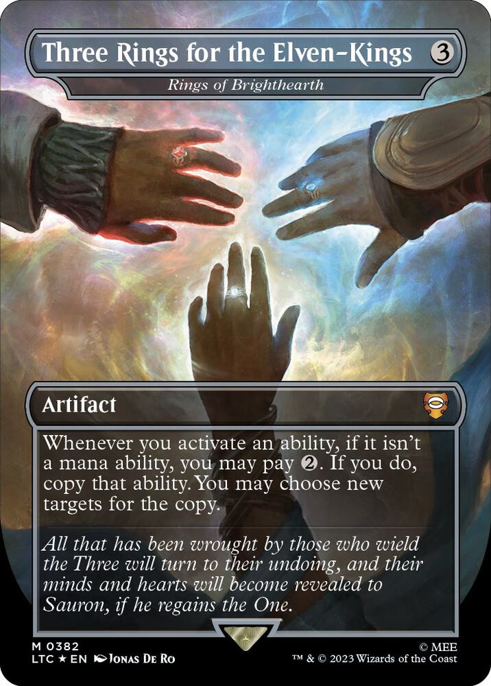 Three Rings for the Elven Kings Rings of Brighthearth Borderless Surge Foil 382 (Commander: The Lord of the Rings: Tales of Middle-earth)  - Borderless Surge Foil | Good Games North