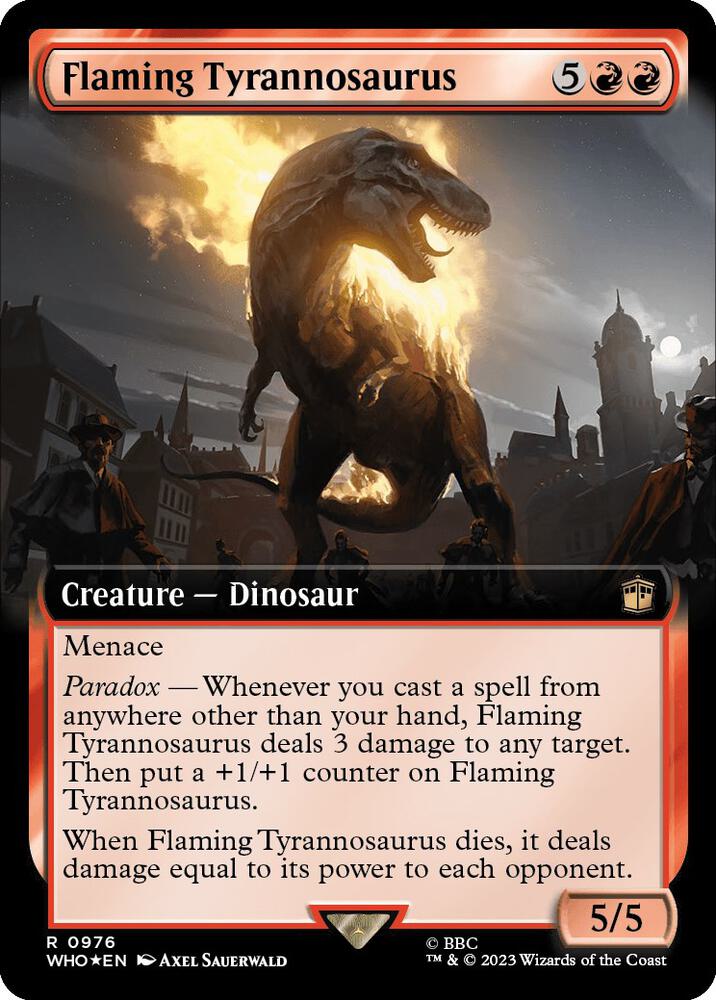 Flaming Tyrannosaurus 976/331 (Universes Beyond: Doctor Who)  - Extended Art Surge Foil | Good Games North