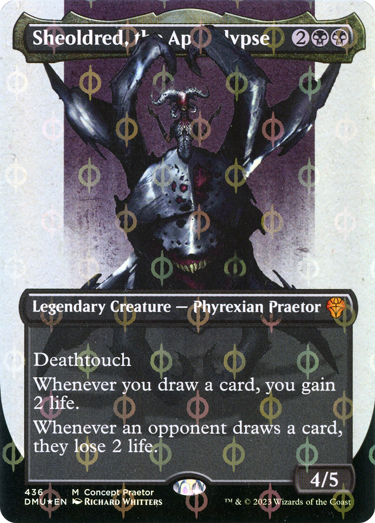 Sheoldred, the Apocalypse (Borderless Concept Praetors Step-and-Compleat Foil) [Phyrexia: All Will Be One] | Good Games North