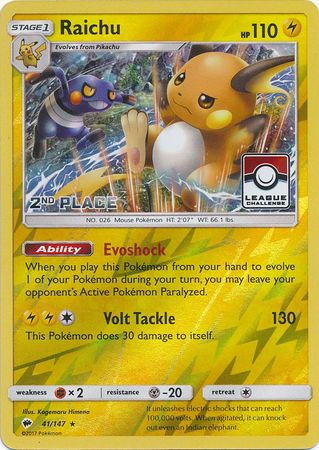 Raichu (41/147) (League Promo 2nd Place) [Sun & Moon: Burning Shadows] | Good Games North