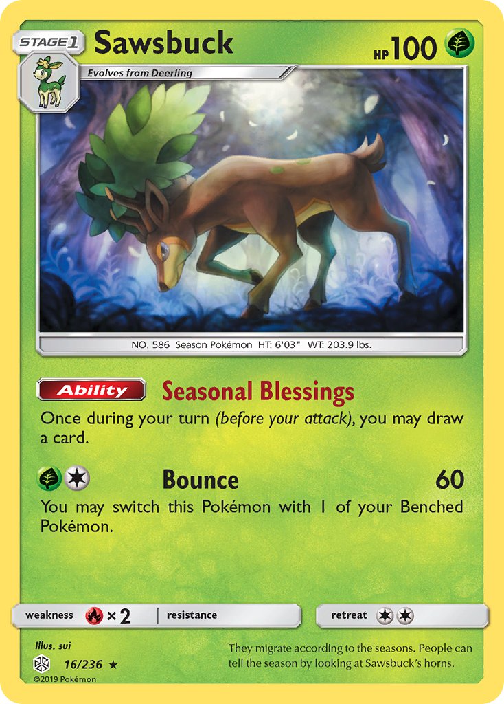 Sawsbuck (16/236) (Prerelease Kit Exclusive) (Theme Deck Exclusive) [Sun & Moon: Cosmic Eclipse] | Good Games North