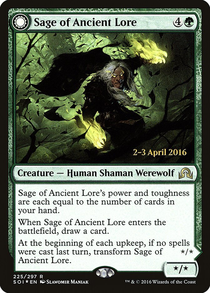 Sage of Ancient Lore // Werewolf of Ancient Hunger [Shadows over Innistrad Prerelease Promos] | Good Games North