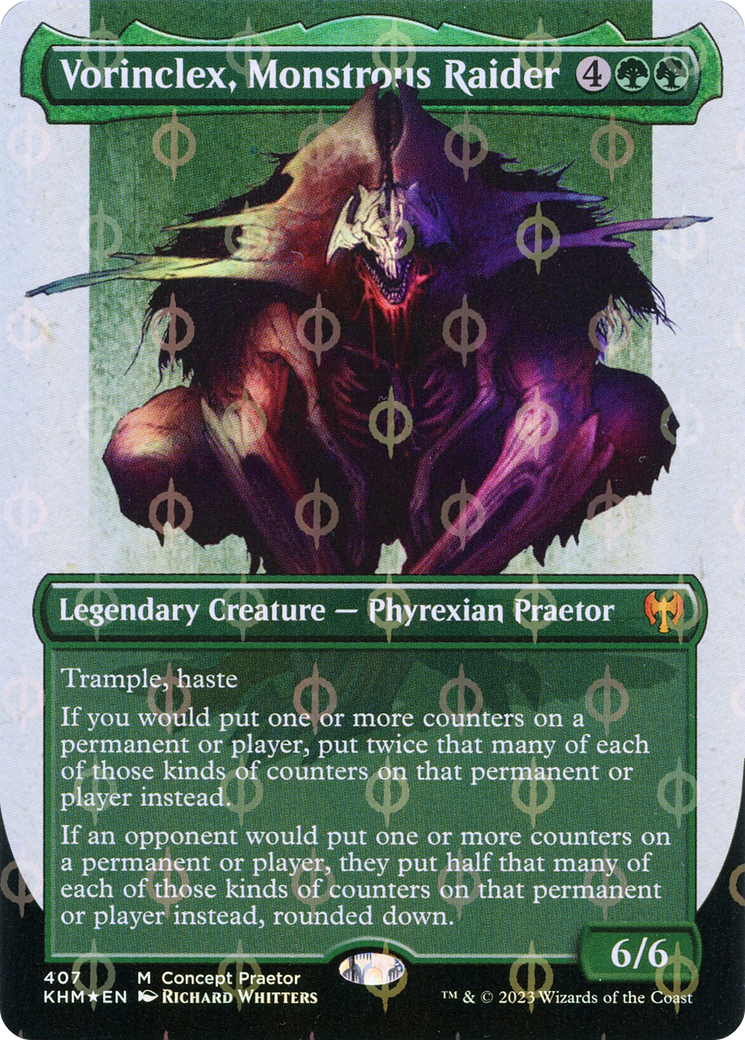 Vorinclex, Monstrous Raider (Borderless Concept Praetors Step-and-Compleat Foil) [Phyrexia: All Will Be One] | Good Games North