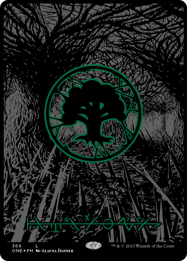 Forest (369) (Oil Slick Raised Foil) [Phyrexia: All Will Be One] | Good Games North