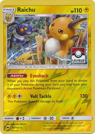 Raichu (41/147) (League Promo 1st Place) [Sun & Moon: Burning Shadows] | Good Games North