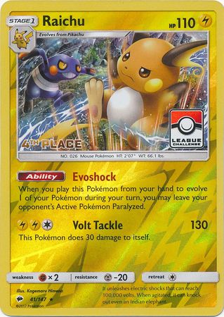 Raichu (41/147) (League Promo 4th Place) [Sun & Moon: Burning Shadows] | Good Games North
