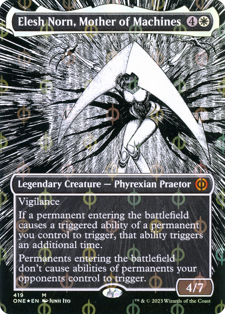 Elesh Norn, Mother of Machines (Borderless Manga Step-and-Compleat Foil) [Phyrexia: All Will Be One] | Good Games North