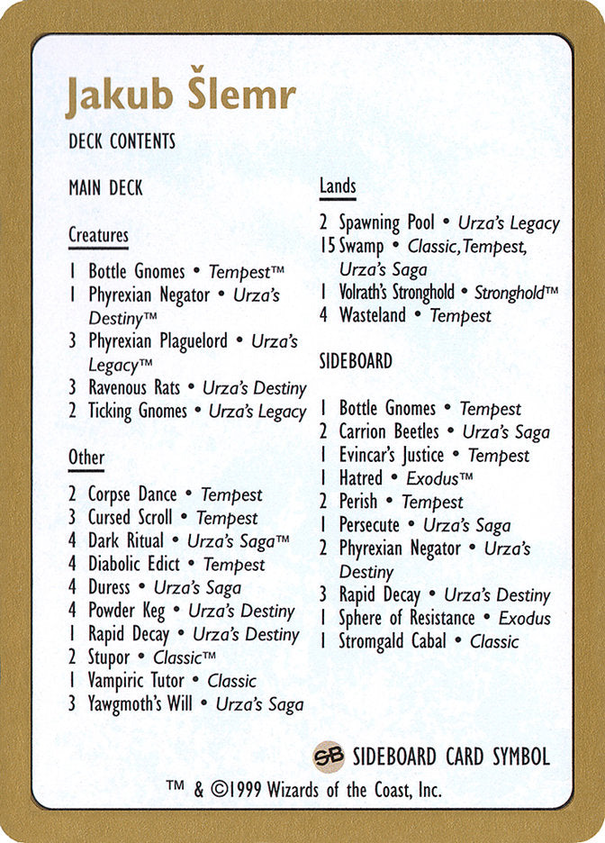 Jakub Šlemr Decklist [World Championship Decks 1999] | Good Games North
