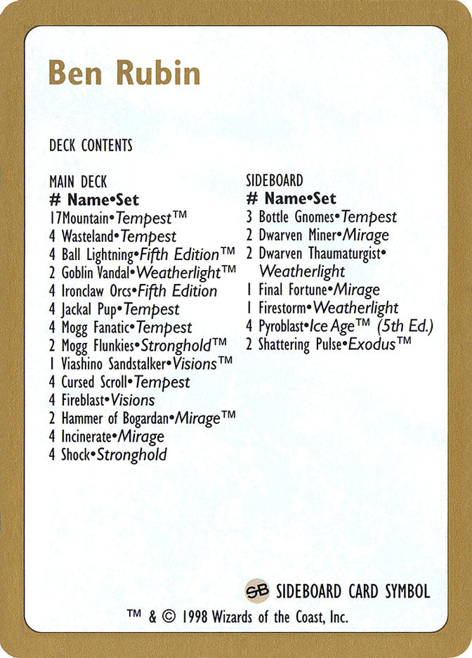 Ben Rubin Decklist [World Championship Decks 1998] | Good Games North