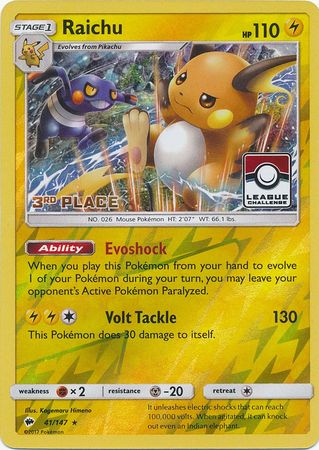 Raichu (41/147) (League Promo 3rd Place) [Sun & Moon: Burning Shadows] | Good Games North