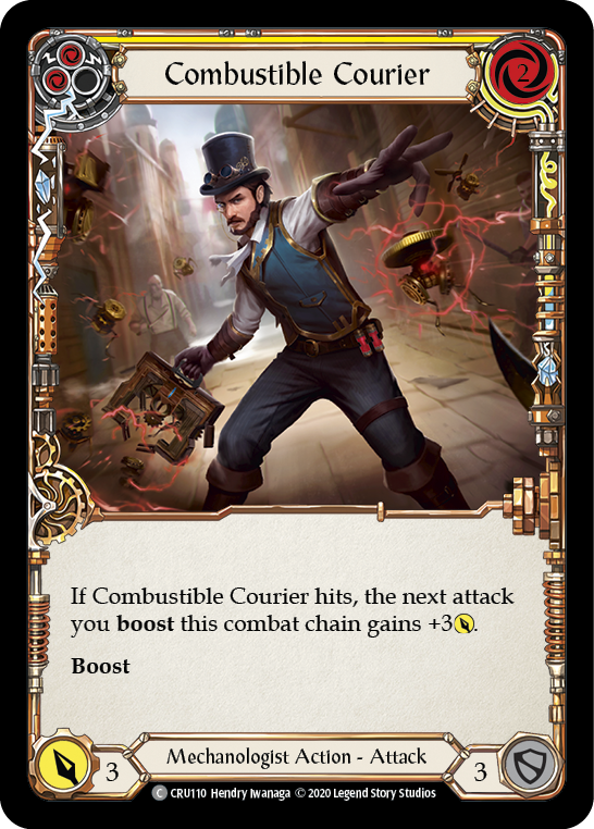 Combustible Courier (Yellow) [CRU110] 1st Edition Rainbow Foil | Good Games North