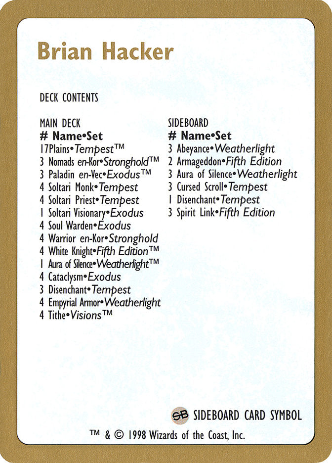 Brian Hacker Decklist [World Championship Decks 1998] | Good Games North