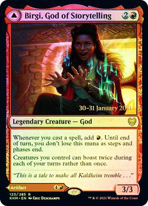 Birgi, God of Storytelling // Harnfel, Horn of Bounty  [Kaldheim Prerelease Promos] | Good Games North