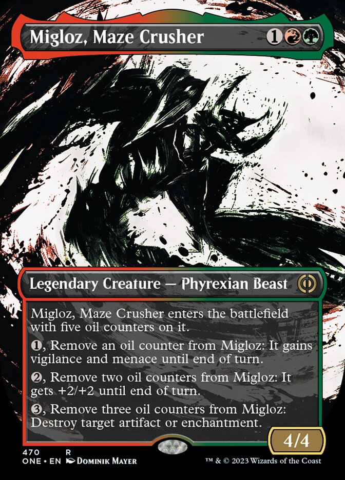 Migloz, Maze Crusher (Borderless Ichor Step-and-Compleat Foil) [Phyrexia: All Will Be One] | Good Games North